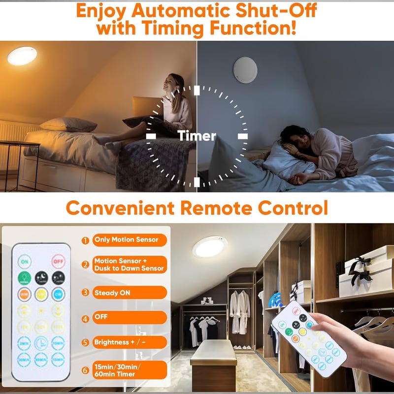 2026 New Rechargeable Motion Sensor Ceiling Light with Remote - Magnetic Wireless Ceiling Light Battery Powered for Closet Shower Stairs Shed Hallway Porch Patio ect